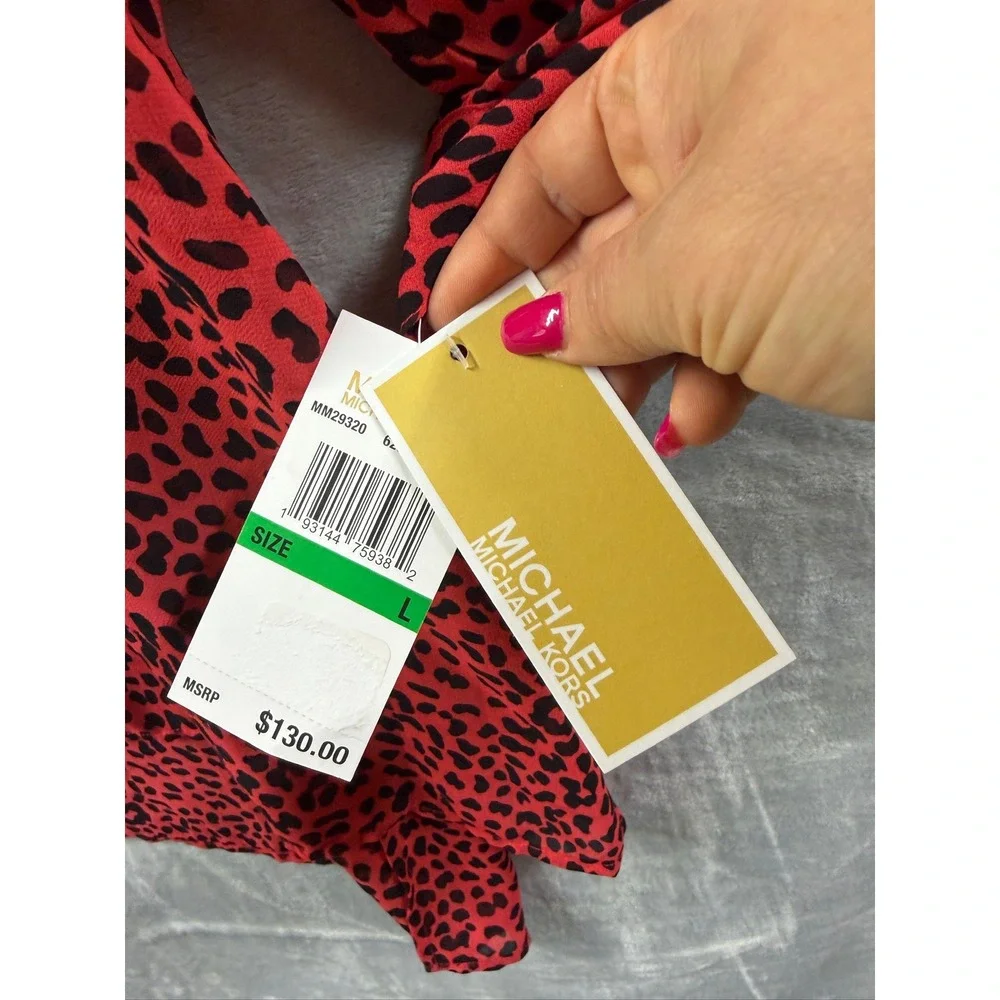 Michael Kors Women's Animal-Print Red Sheer Cover-Up Shirt Size L $130 NWT